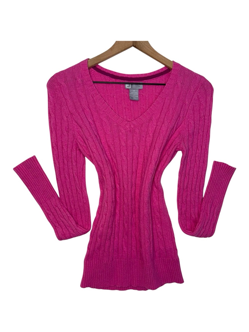 Vtg JcPenny Cable Knit VNeck Sweater Merino Wool Viscose Nylon Barbie Pink